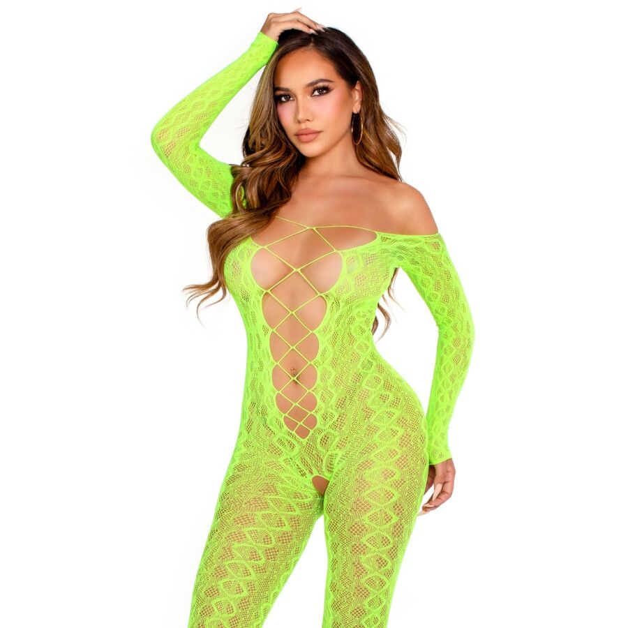BODYSTOCKING SENZA CAVALLO EXOTIC SNAKE LACE NEON GREEN  - LEG AVENUE