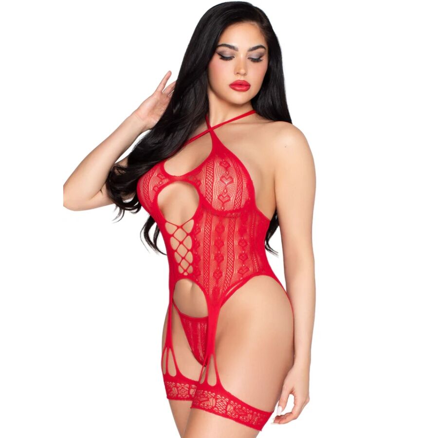 LEG AVENUE – 89338 BODY APERTO IN PIZZO CON CINTURINO E PERIZOMA ROSSO – TAGLIA UNICA