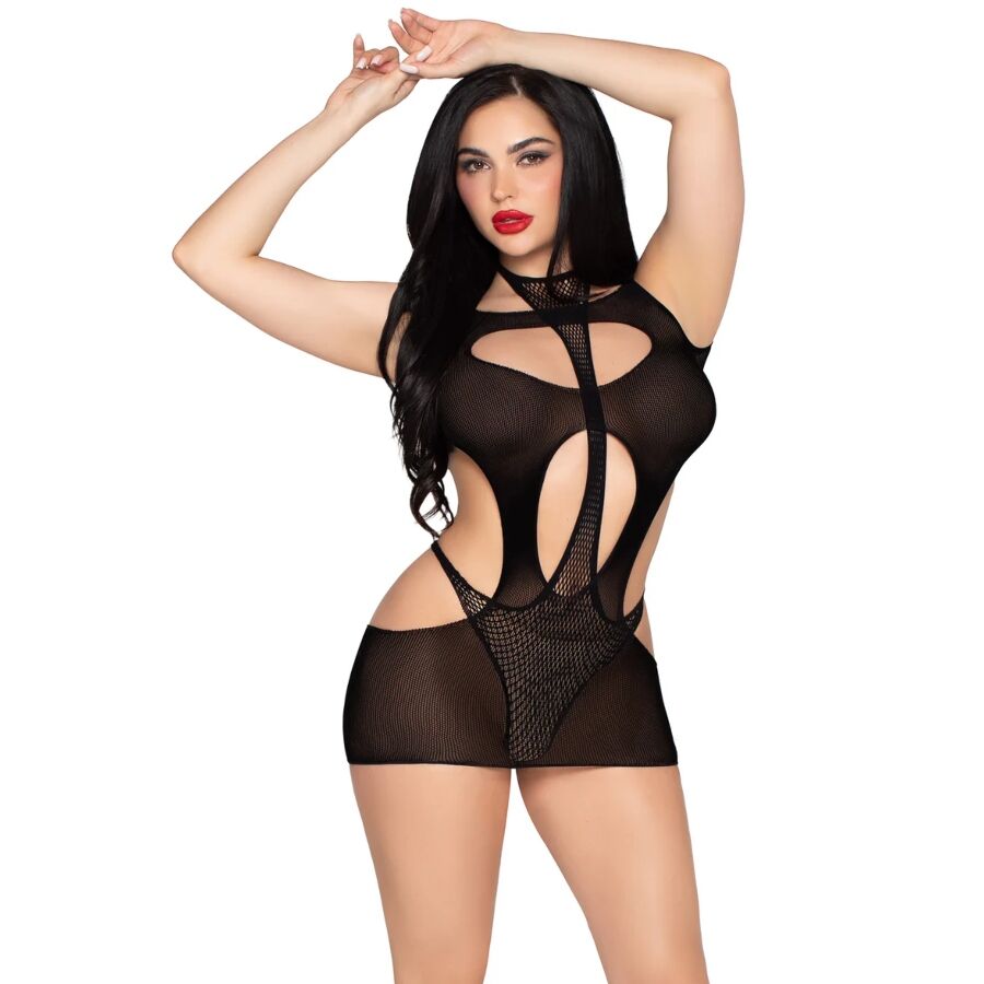LEG AVENUE – 81680 MINI ABITO OPACO E TEDDY CON SCOLLO A V NERO – TAGLIA UNICA